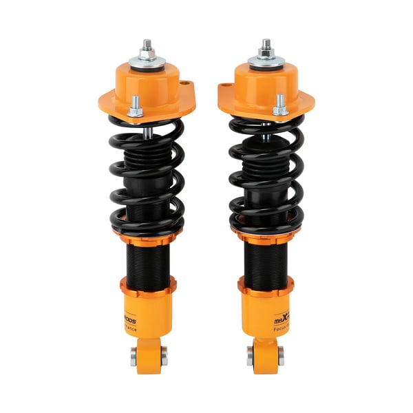 Coilover-sarja, säädettävä korkeus 1-3 tuumaa, etujousen kovuus 10 kg/mm, takajousen kovuus 6 kg/mm, mitat 63cm x 51cm x 21cm