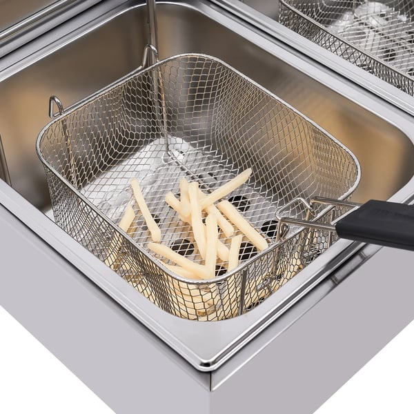 Elektrisk frituregryde, 3200W effekt, 12.7QT kapacitet, temperaturinterval 140°F-392°F, rustfrit stål konstruktion, dobbelt friturekurve