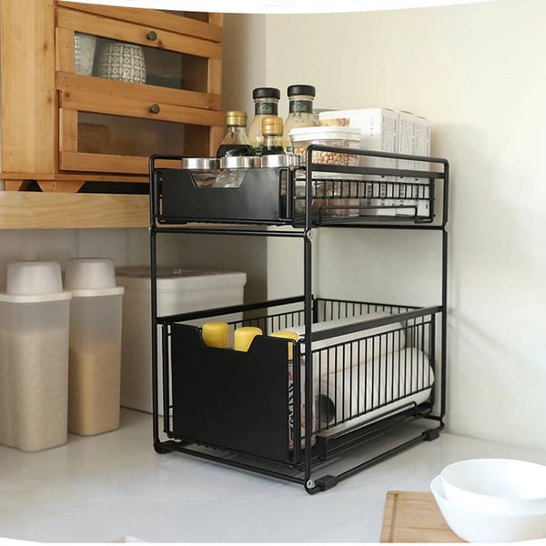Under Sink Organizer Rack, 2-lags Design, Skydedrager Mekanisme,2-niveau, sort