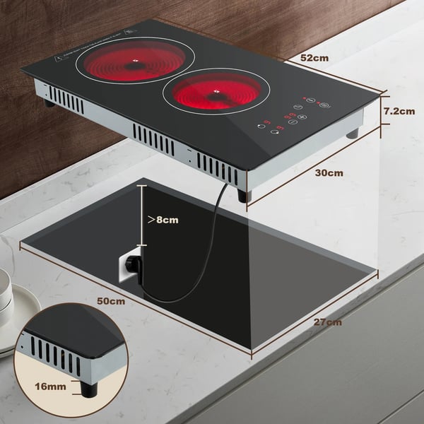 Elektrisk kogeplade, 2 kogezoner, 3000 W, berøringskontrol,EU, Sort