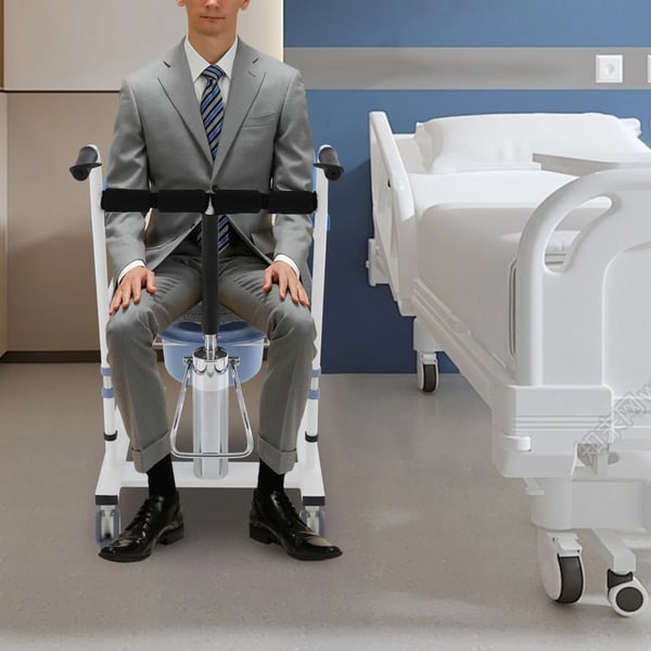 Patientløftestol, belastningskapacitet 100 kg, justerbar højde 76-94 cm, bredde 70 cm, sædehøjde 42-60 cm, vægt 21 kg