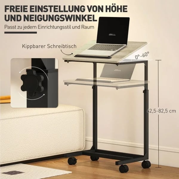 C-formet Sidebord, Højdejusterbart, Mobil Arbejdsstation,Chokolade