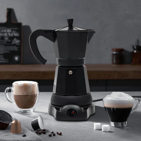 Moka-kahvipannu, 300 ml kapasiteetti, 480 W teho, moderni muotoilu,musta