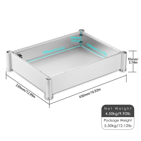 Lydforstærker Kasse, Eksterne Dimensioner 430mm x 330mm x 95mm, Interne Dimensioner 394mm x 294mm x 74mm, Aluminiumlegering Materiale