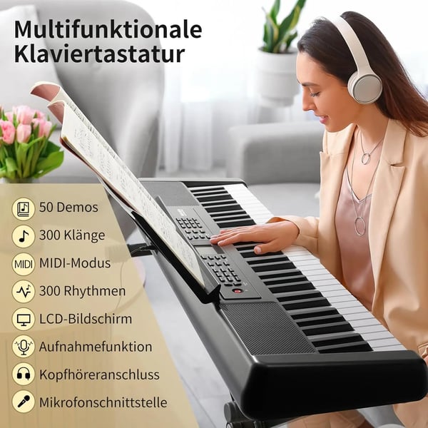 Digitalpiano, 61 tangenter, 300 toner, 40 demolåtar, inbyggda högtalare, anslagskänsligt