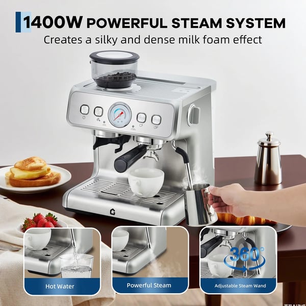 Espressomaskin, 20 Bar Pump, Precision Kvarn,Silver