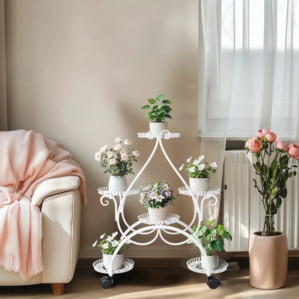 Planteholder, 6-lags design, rullende hjul,HVID
