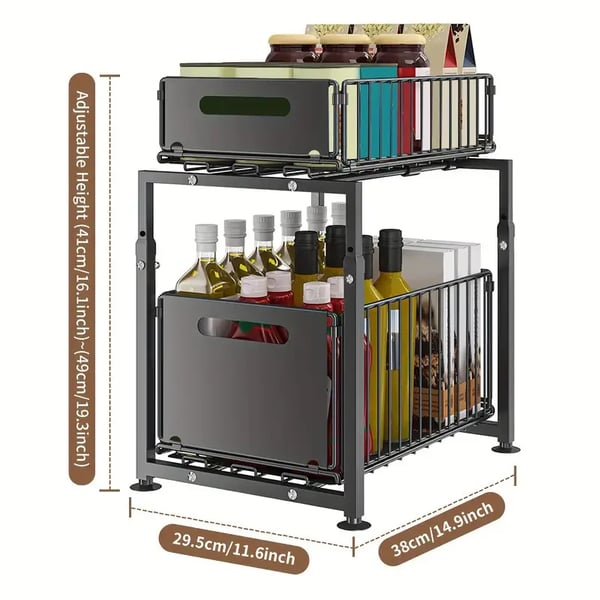 Under Sink Organizer, Justerbar Højde, Utrækkelig Opbevaring,2 Niveau