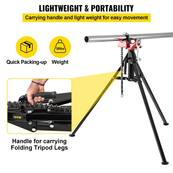 Rørkædevise, 1/8" - 5" kapacitet, stålmateriale, justerbar højde 36" - 43", 36,4" kædelængde, vejer 39 lbs