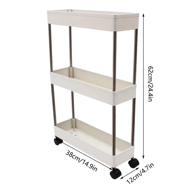 Opbevaringsvogn, Kapacitet 10kg, 3-Lags Design, Dimensioner 40x14.8x61.5cm, Materiale PP og Rustfrit Stål, Inkluderer 4 Universelle Hjul
