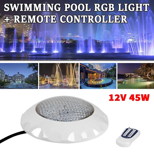 RGB Pool Lys, 45W Effekt, 3000 Lumen Lysstyrke, 12V Spænding, Holdbart Plast Hus, Fjernbetjening