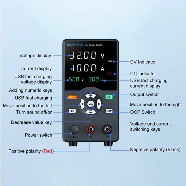 DC Strømforsyning, Justerbar Spænding, USB Udsigtsdisplay,32V 10A GC3010H