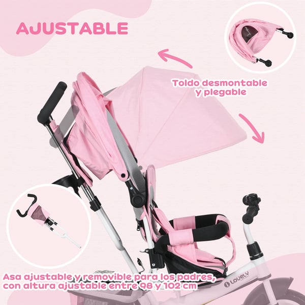 Trehjulet cykel, teleskopisk håndtag, aftagelig opbevaringspose,Pink