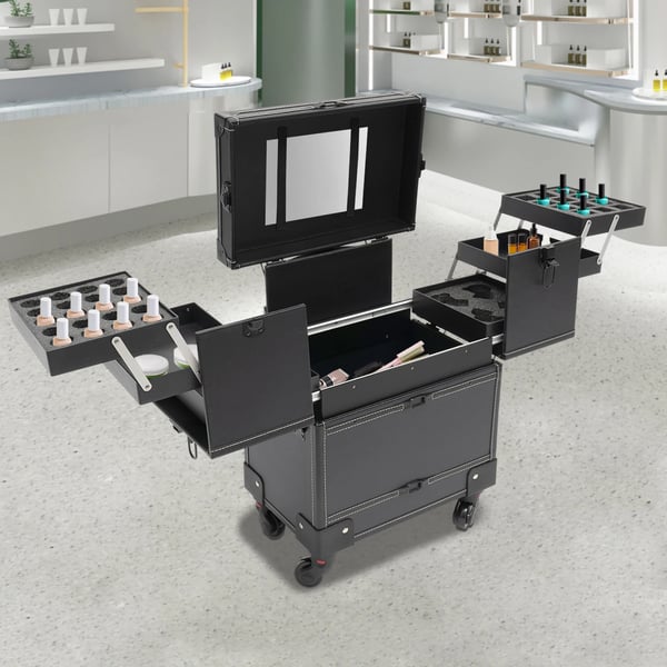 Makeup Train Case, 7 Rum, 50 kg Kapacitet, Dimensioner 37*24,3*101 cm, Holdbart PU Materiale, Letvægts 7,6 kg