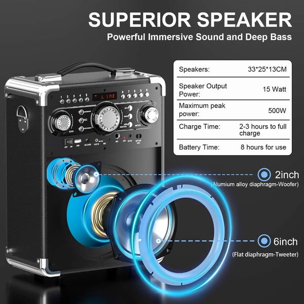 Karaokesoitin, 3 langatonta mikrofonia, Bluetooth 5.3