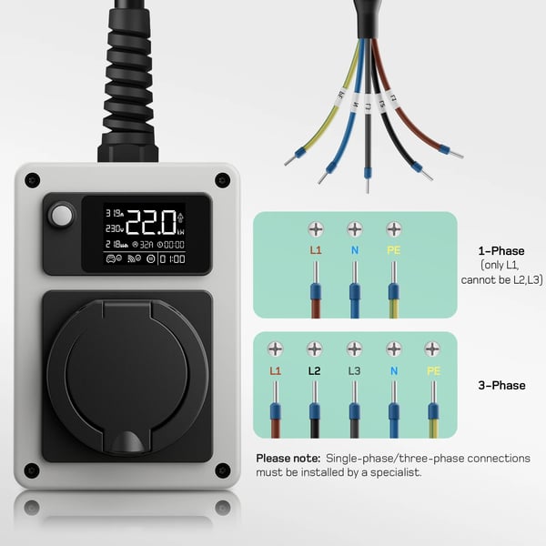 Elbiloplader, 22kW, Justerbare Strømindstillinger,22kW Med APP, Type 2 Stik