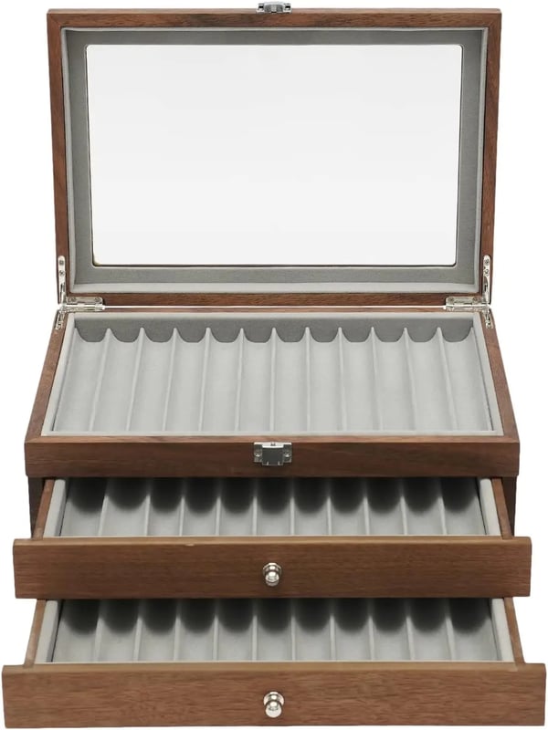 Pen Display Case, 34-Slot Organizer, Elegant Glass Lid,Brun