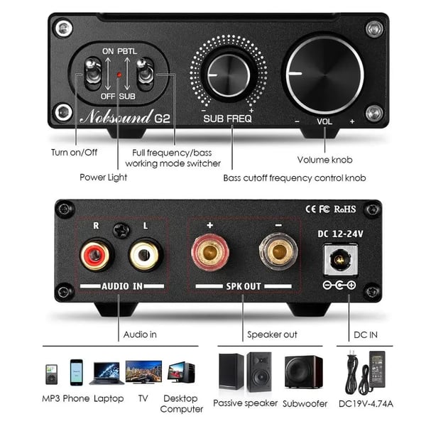 Digital forstærker, 100W maksimal effekt, 20Hz-20kHz frekvensrespons, 4-8Ω kompatibel impedans, 0,03% THD, DC12-24V arbejds spænding