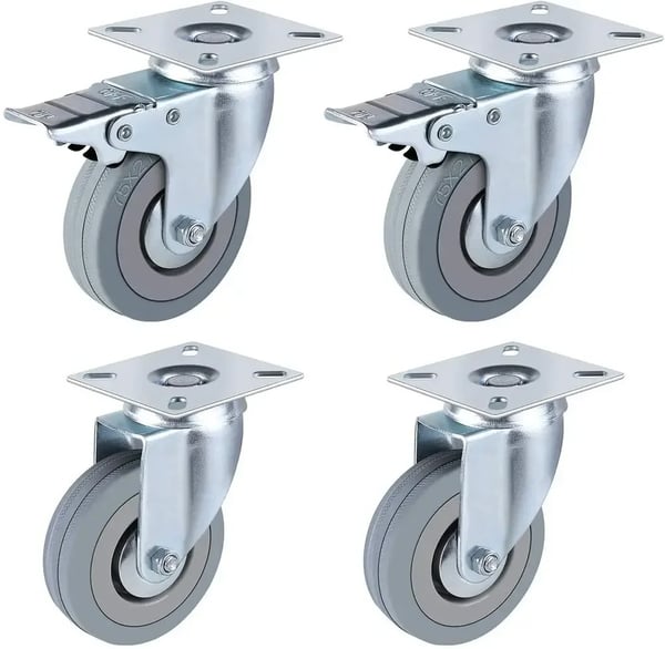 Transportruller, Gummihjul, Diameter 75 mm, Belastningsevne 50 kg pr. hjul, Total højde 100 mm, Pladestørrelse 65 x 65 mm