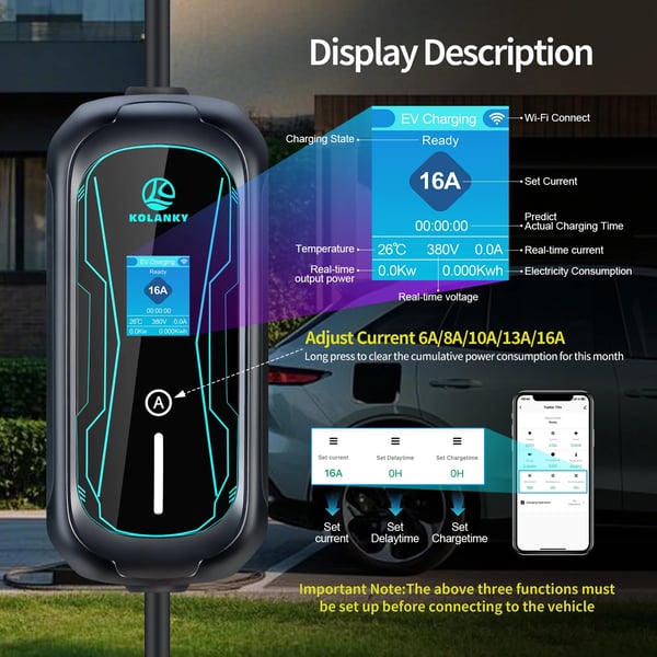 Bærbar EV-lader, Smart App Kontrol, Justerbar Strøm,Type2