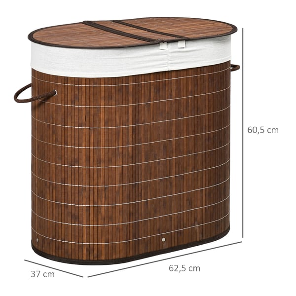 Vasketøjskurv, 100L kapacitet, dobbelt-kompartment design,Brun, 62.5x37x60.5 cm