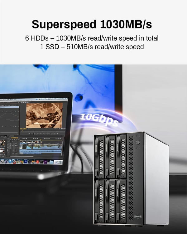 Ekstern Harddisk Enclosure, USB 3.2 Gen2, SATA Interface, Op til 22TB pr. Harddisk, Op til 132TB Total Kapacitet, Hot Swappable