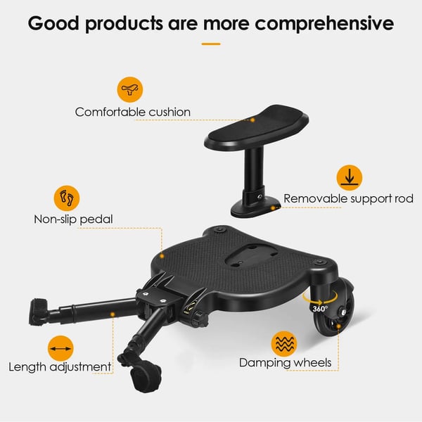 Bærbar Buggy Board, Justerbart Sæde, 360° Rotation, Egnet til Børn i Alderen 2-6 År,sort