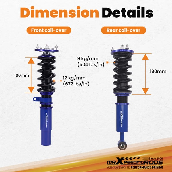 Coilover affjedringssystem, justerbar højde 1-3 tommer, fjederhastighed foran 12 kg/mm, fjederhastighed bag 9 kg/mm