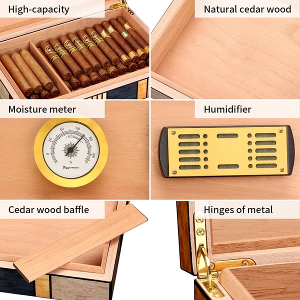 Cedertræ Cigar Humidor, Hygrometer Inkluderet, Elegant Design,Guld