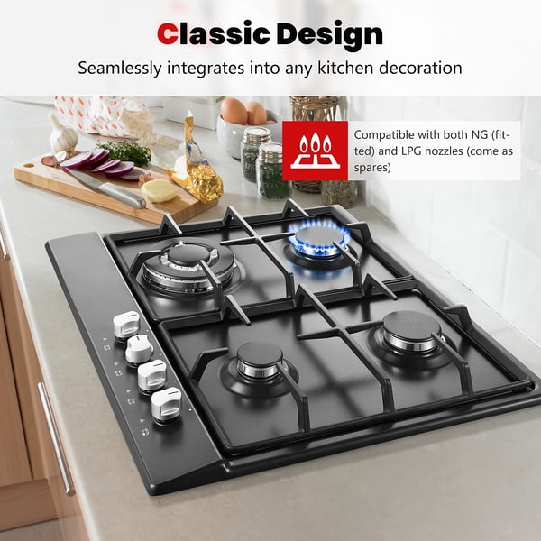 Gasblus, 4-blus, automatisk flammebeskyttelse,glas-keramik