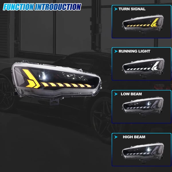 LED Forlygter, 12 V, Sekventiel Blinklys, Lancer EX Evo X VIII 2008–2020 Kompatibilitet, CE Certificering, Holdbar Konstruktion