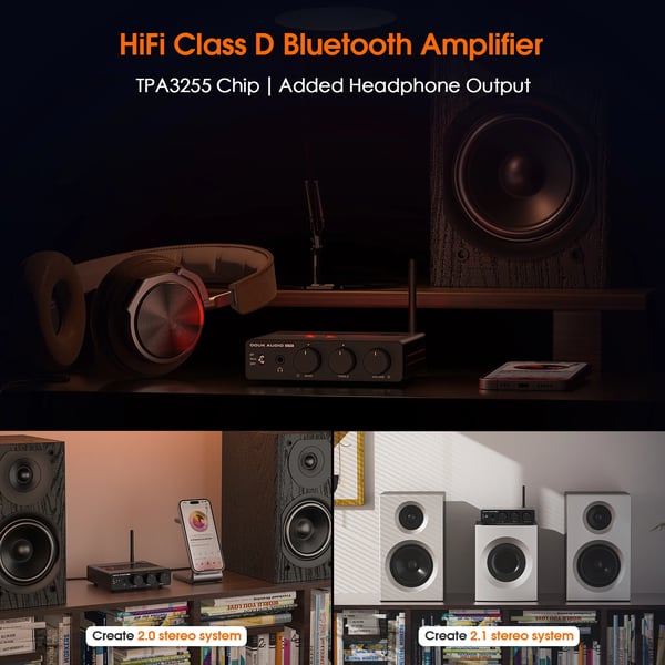 Digital audioforstærker, 300W x 2, Bluetooth 5.1, 20Hz-20kHz, ≤0.003% THD, 130mm x 112mm x 33mm