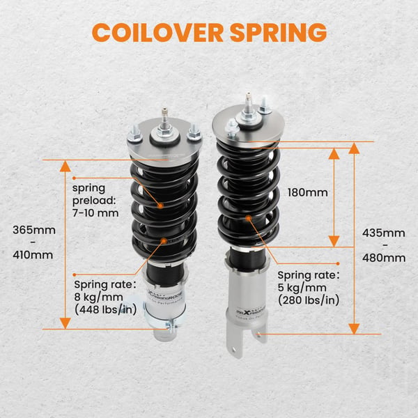 Coilover affjedringskit, 24 niveauer for rebound justerbar, 71 cm længde, 20 cm bredde, 82 cm højde, kompatibel med 1988-2000 kompaktbilmodeller