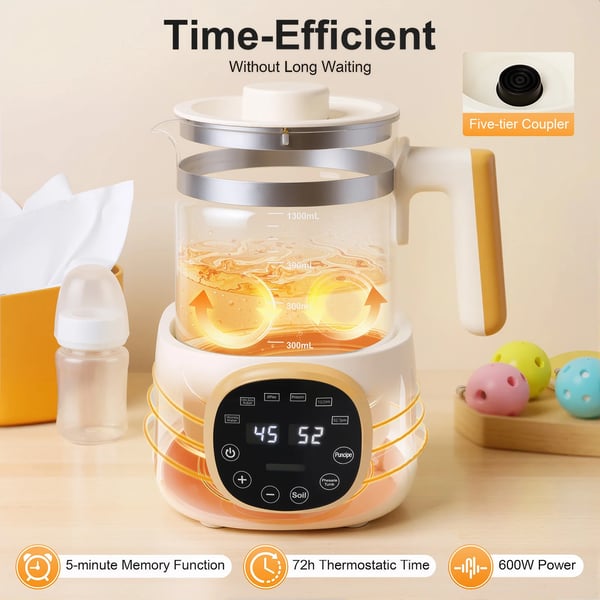 Flaskevarmer, 1,3 L kapacitet, 600 W effekt, temperaturinterval 37-95℃, total højde 24,8 cm, støjniveau 45 dB