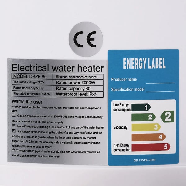 Elektrisk Vandvarmer, 50L Kapacitet, 2000W Effekt, 220V Spænding, Temperaturinterval 25-75°C, Vandtæt IPX4