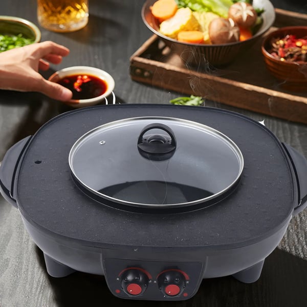 Elektrisk Hot Pot, 2-i-1 Grill, Røgsfri Design,sort