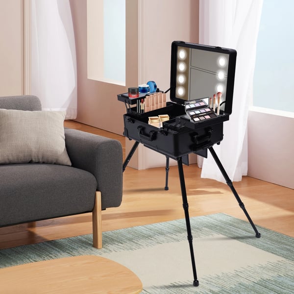 Sminkväska, 3-lagers design, LED-belysning,svart