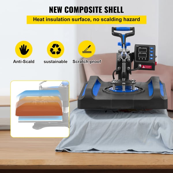 Varmepressemaskine, 1000W effekt, 15" x 15" plade størrelse,Blå