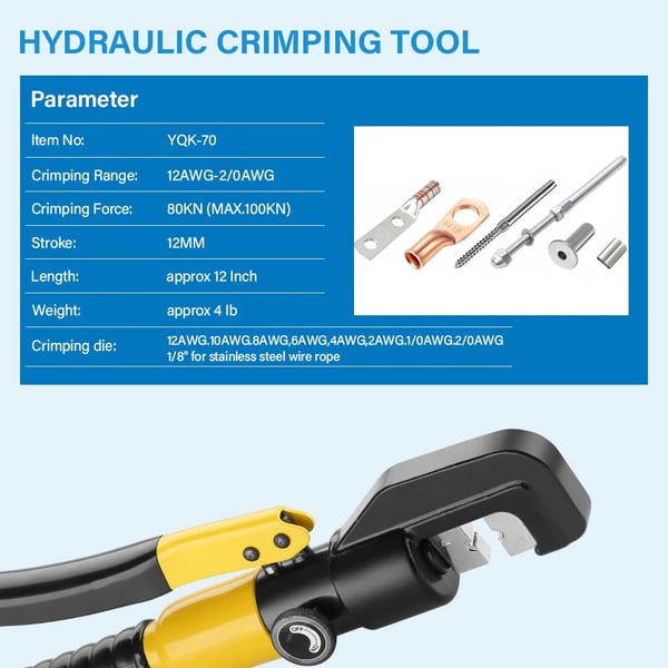 Hydraulisk Crimping Værktøj, 10 Ton Kraft, 360 Grad Rotérbart Hoved,YQK-70
