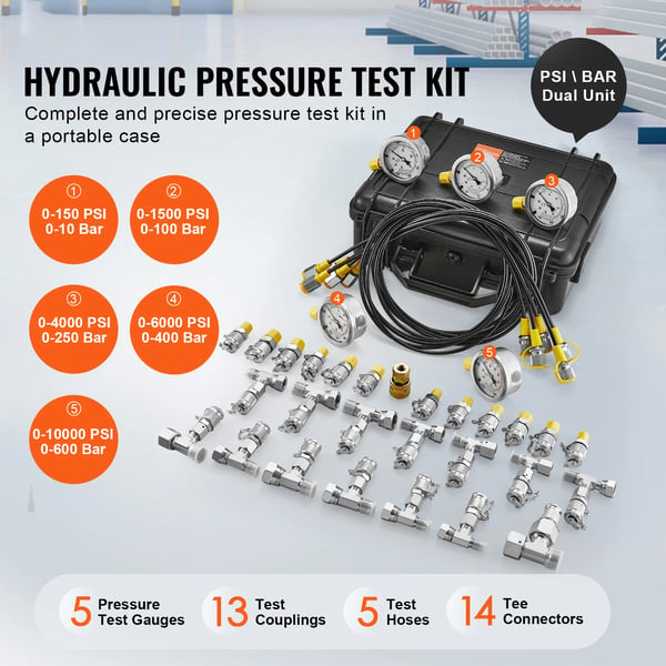 Hydrauliskt Trycktestkit, 5 Mätare, 13 Kopplingar,TKS-4