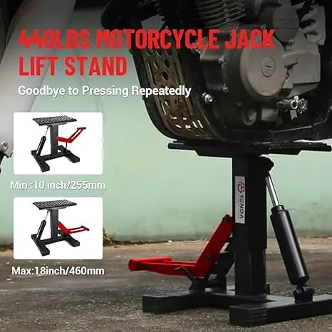 Hydraulisk motorcykel løftestativ, belastningskapacitet 440 lbs, justerbar højde 4,5 til 15,75 tommer, stål konstruktion, skridsikre gummipuder