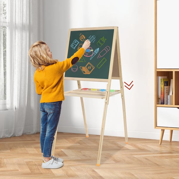 Børns Trækunst, Justerbar Højde 83-135 cm, 2-i-1 Whiteboard og Tavle,Burlywood