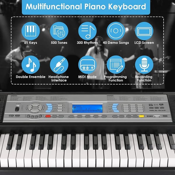 Digitalt Keyboard Piano, 61 Tangenter, 500 Ljud, 3-Nivåers Undervisningsläge, Dubbla Högtalarsystem, 7.6 kg Vikt