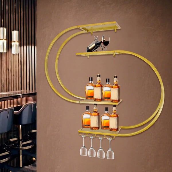 Vægmonteret Vinreol, 4 Niveauer, Stilfuldt Design,Guld