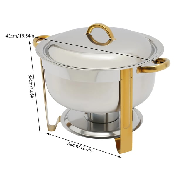 Chafing Dish, 5L kapacitet, rustfrit stål materiale, rund form, belastning 22 lbs, dimensioner 16,54 x 12,6 tommer