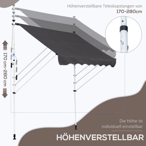 Solskærm, 180 g/m² Polyester, 200x150 cm, Justerbar Højde 1.7 - 2.8 m, Manuel Markise, Kranks længde 1.2 m