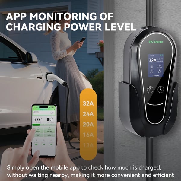 Bærbar EV-lader, APP-kontrol, 7KW effektudgang,7KW TYPE2 32A APP