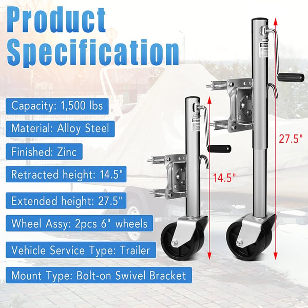 Trailer Jack, 1500 lbs belastningsevne, dobbelt hjul design,Sølv