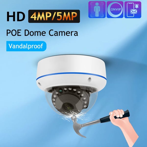 IP Kamera, 4MP/5MP Opløsning, Vandalbeskyttet Dome, Nattesyn op til 20m, POE Support, Indbygget Mikrofon