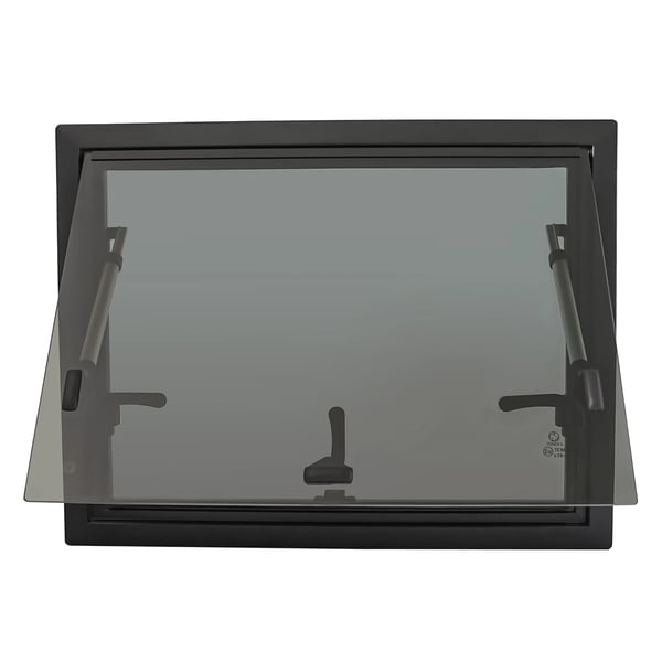 Skub-ud vindue, 600mm x 450mm, Aluminiumlegering materiale, Åbner ved 65°, Egnet til RV-installationer, Indbygget skærm til insektbeskyttelse